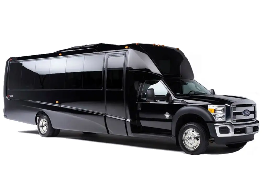 Stunning black Minibus limousine on white backdrop, perfect for Limo Rental in CT.